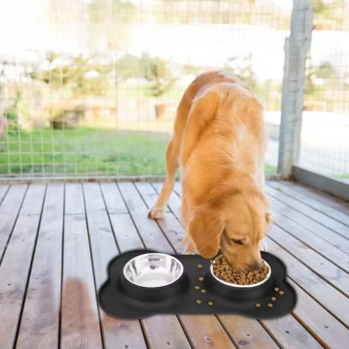 Anti-slip Double Dog Bowl With Silicone Mat - Durable Stainless, Steel Water Food Feeders