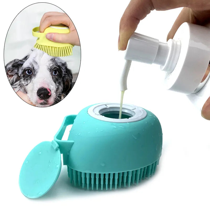 Dog Bath Massage Gloves – Pet Grooming Brush with Shampoo Dispenser