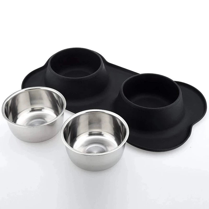 Anti-slip Double Dog Bowl With Silicone Mat - Durable Stainless, Steel Water Food Feeders