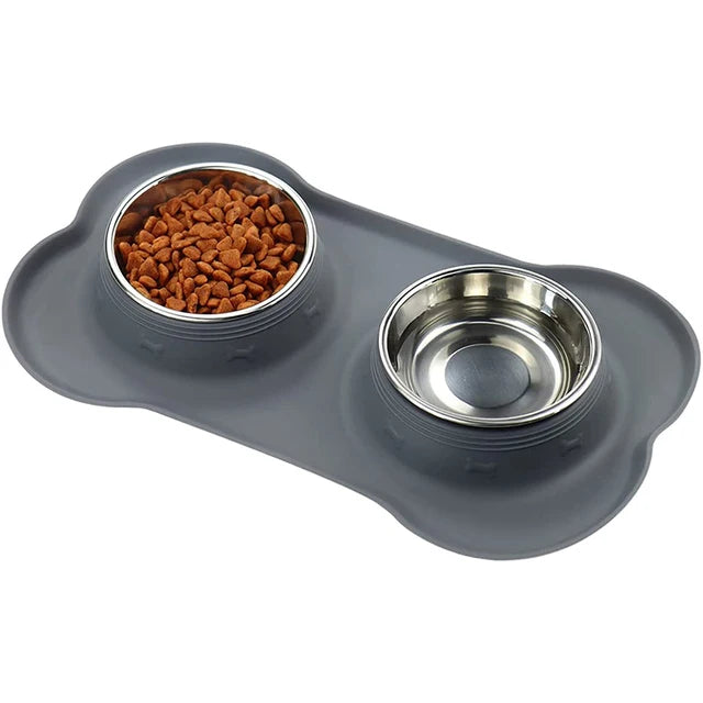 Anti-slip Double Dog Bowl With Silicone Mat - Durable Stainless, Steel Water Food Feeders