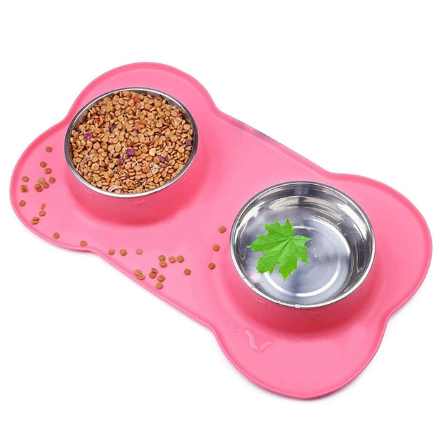 Anti-slip Double Dog Bowl With Silicone Mat - Durable Stainless, Steel Water Food Feeders