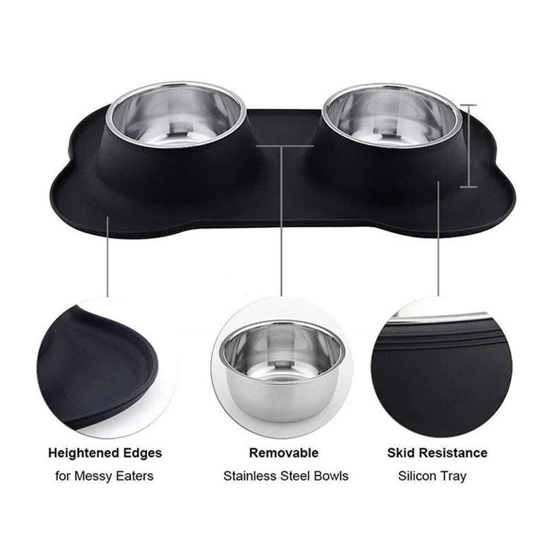 Anti-slip Double Dog Bowl With Silicone Mat - Durable Stainless, Steel Water Food Feeders