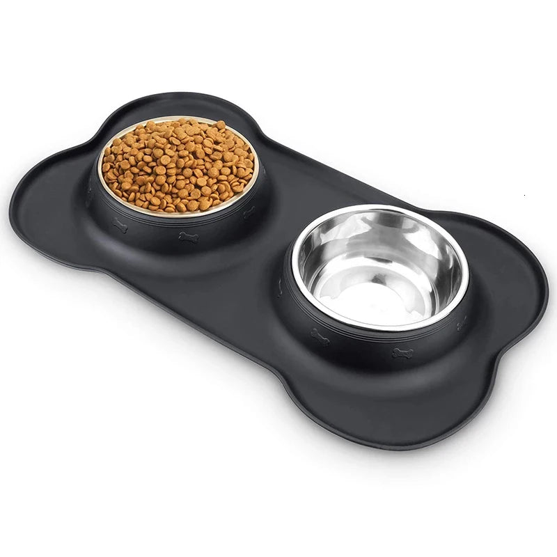 Anti-slip Double Dog Bowl With Silicone Mat - Durable Stainless, Steel Water Food Feeders