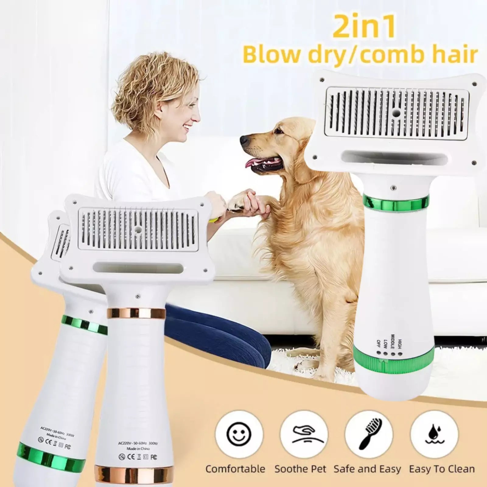 Pet Hair Dryer 2-in-1 & Slicker Brush – Professional Grooming Tool for Cats & Dogs
